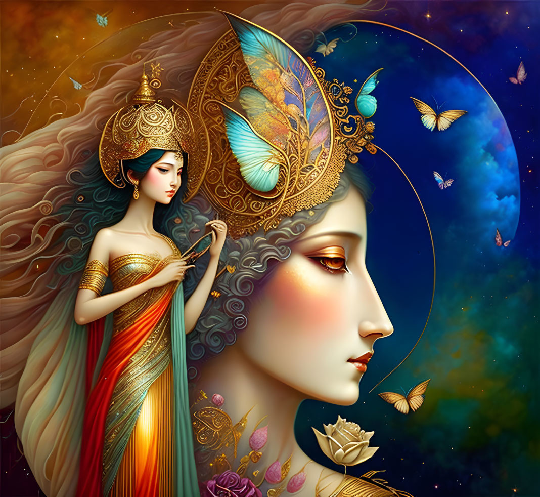 Fantastical digital illustration of woman with golden headwear and butterfly wing earpiece surrounded by butterflies on