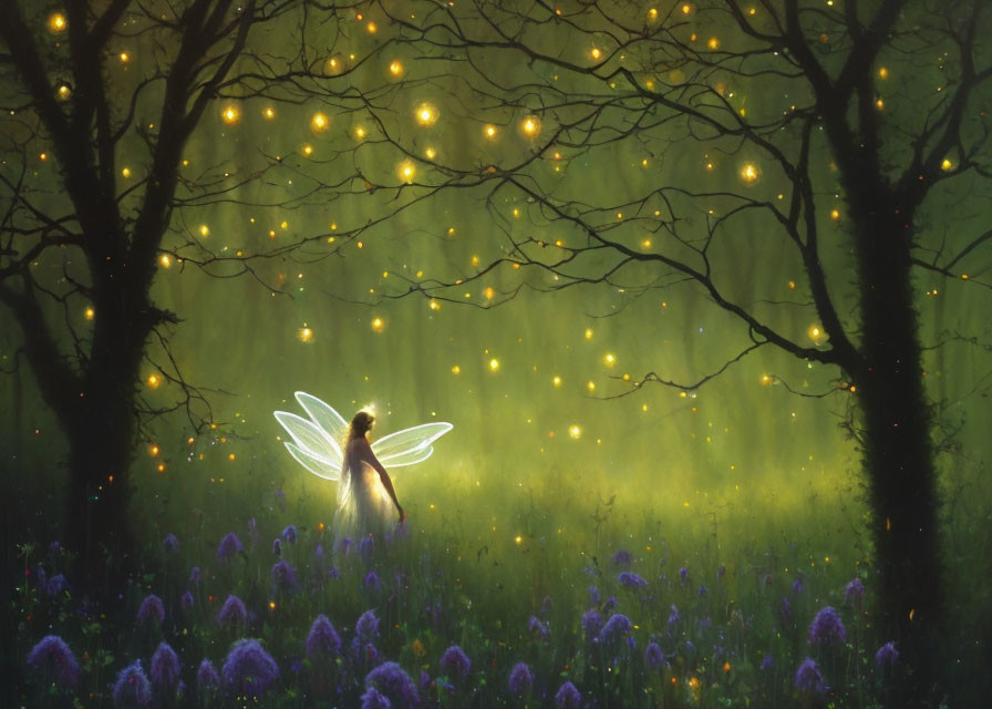 Enchanted forest with glowing fairy, magical fireflies, and purple flowers