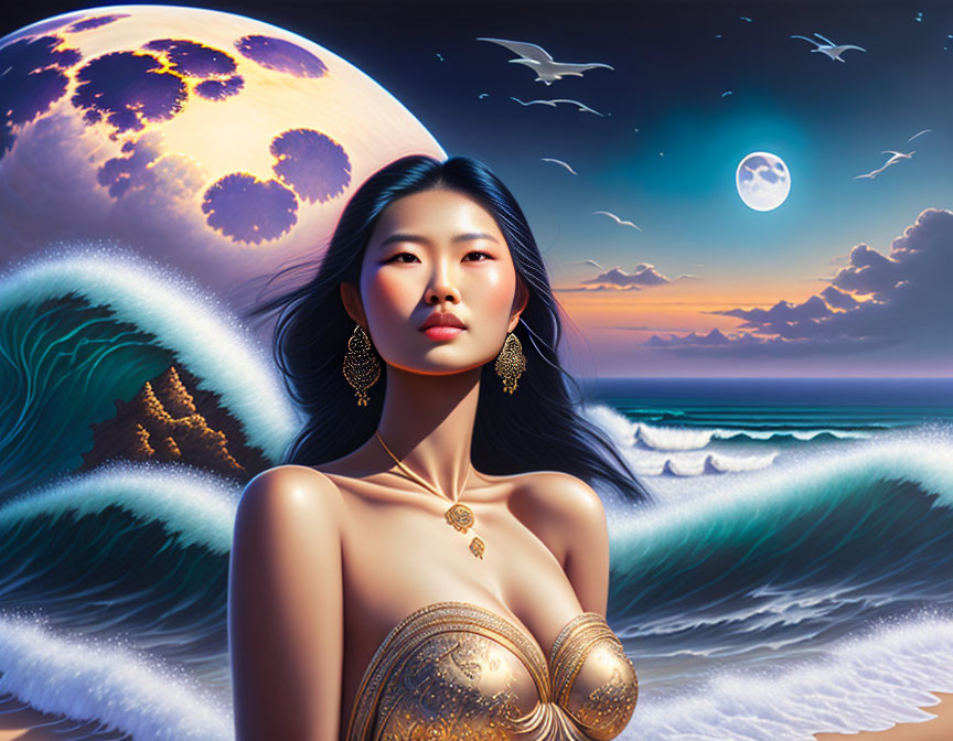 Surreal seascape with woman, dual moons, waves, and birds