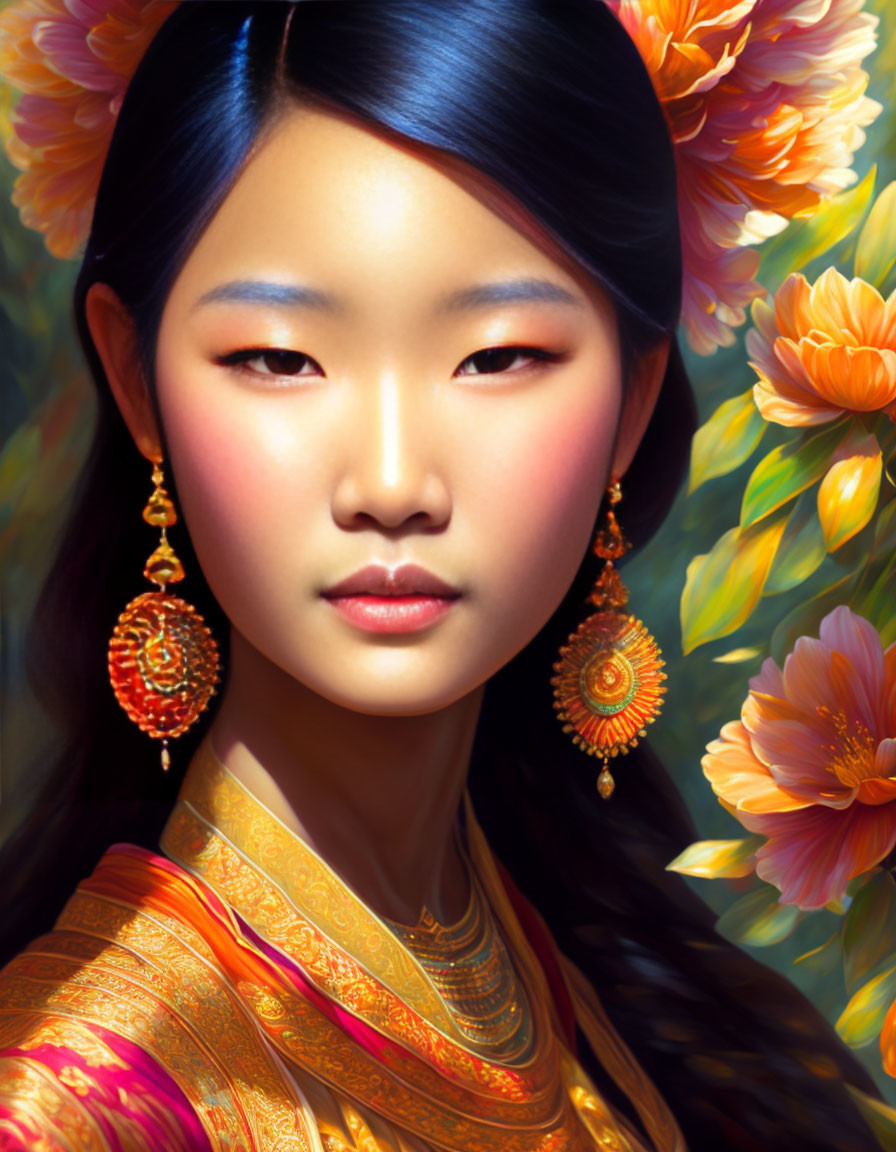 Serene woman portrait with orange flowers and traditional attire