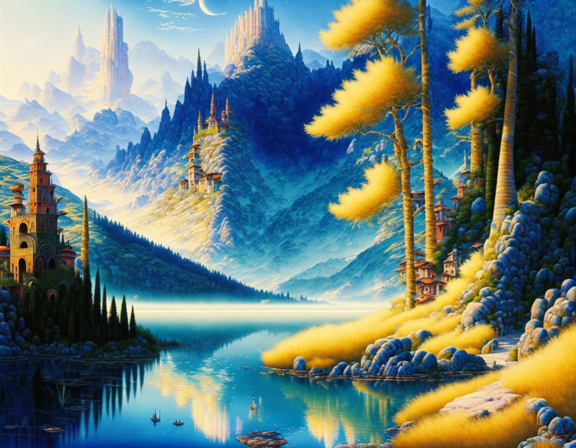 Vibrant blue mountains, calm lake, golden trees, and ornate towers in bright sky