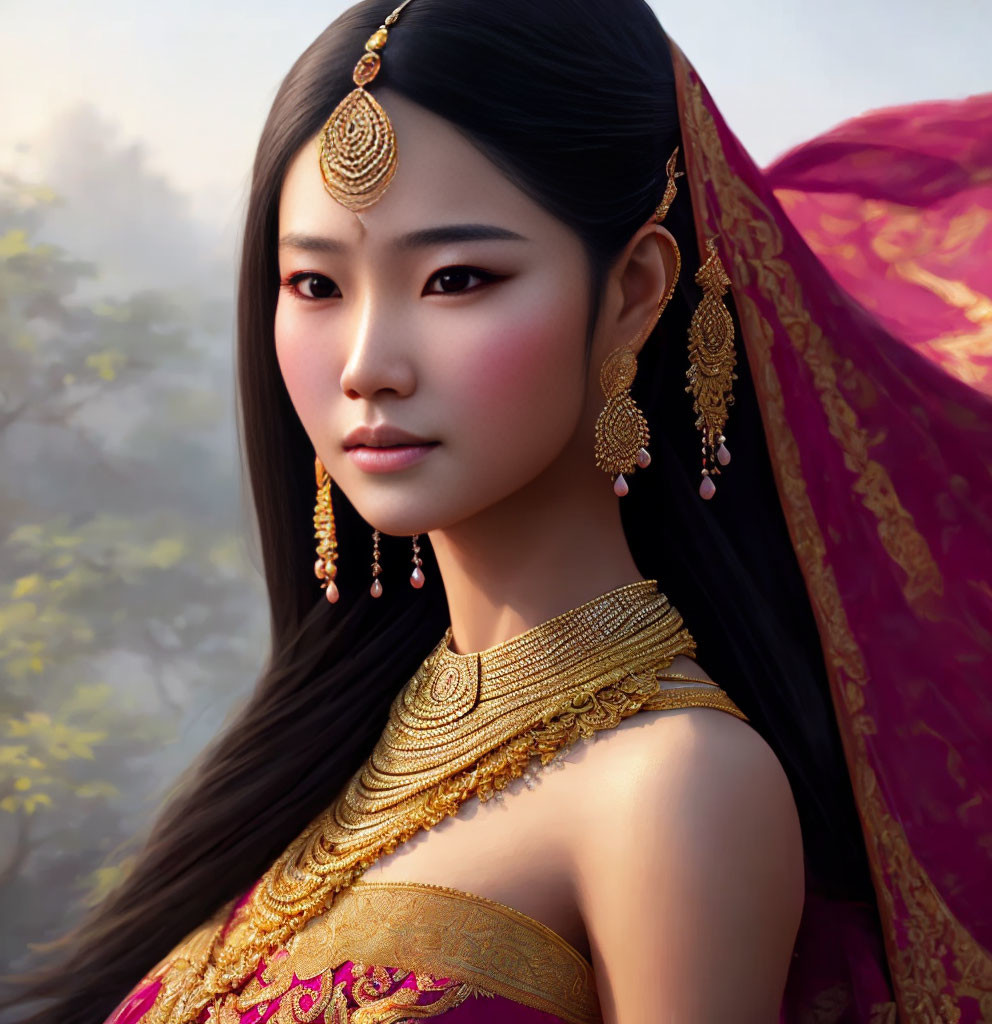 Digital Artwork: Woman in Golden Jewelry & Pink Garment on Soft-focus Background