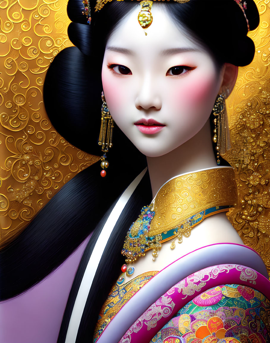 Traditional East Asian woman in elaborate attire and gold jewelry on a golden backdrop