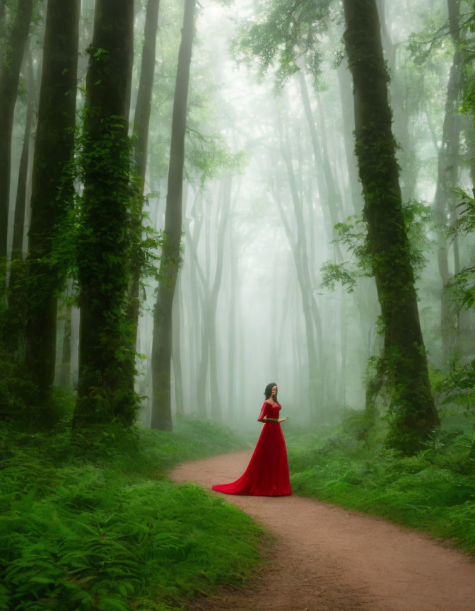 Person in Long Red Dress Standing on Misty Forest Path among Tall Trees and Ferns