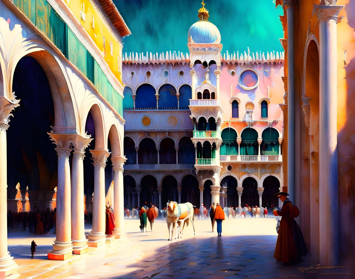 Digital artwork of ornate Venetian plaza with archways, horse, and period-clad figures