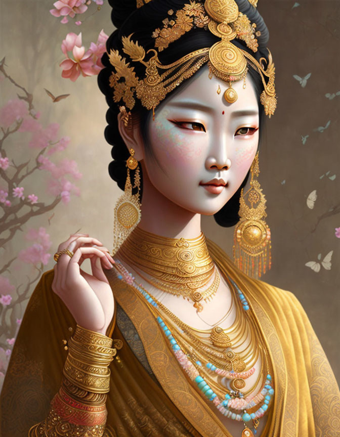 Illustrated woman in traditional attire with gold jewelry against floral backdrop