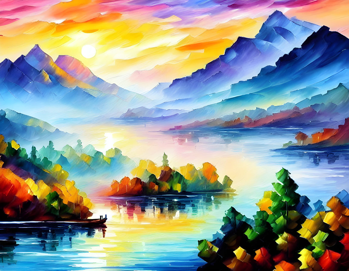 Colorful Impressionistic Sunset Mountain Landscape with Lake View