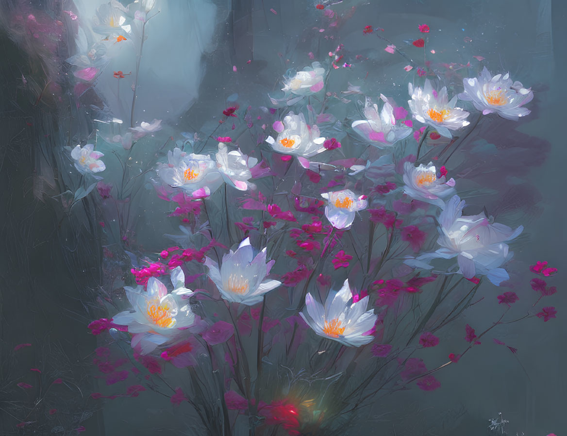 Ethereal white flowers in misty blue and pink backdrop