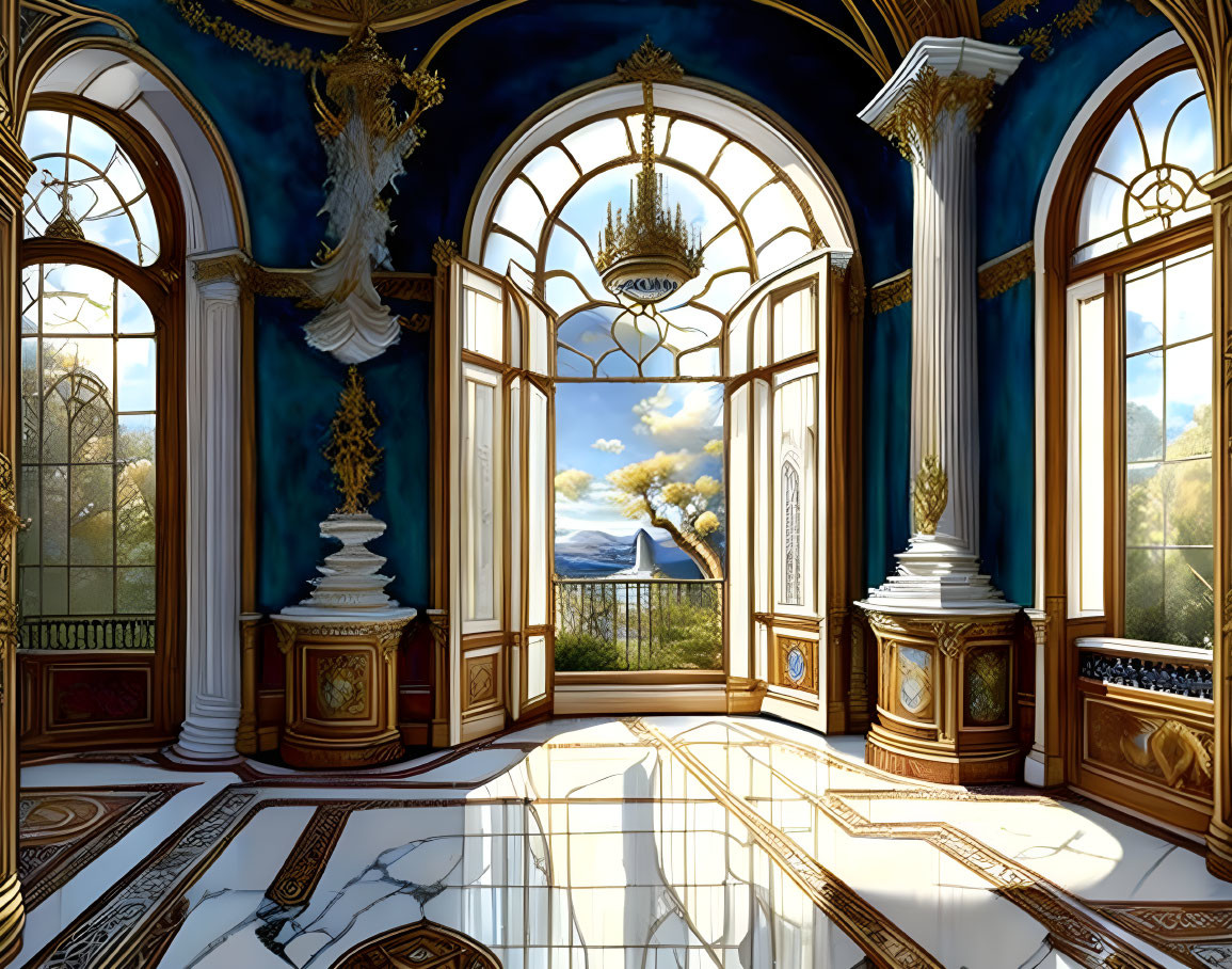 Ornate blue walls, pastoral view, marble floor, Corinthian columns, elegant chandeliers