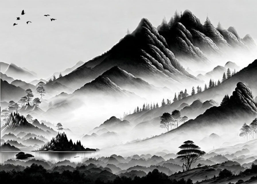 Layered Mountain Ranges with Mist, Lone Tree, and Birds in Monochrome Landscape