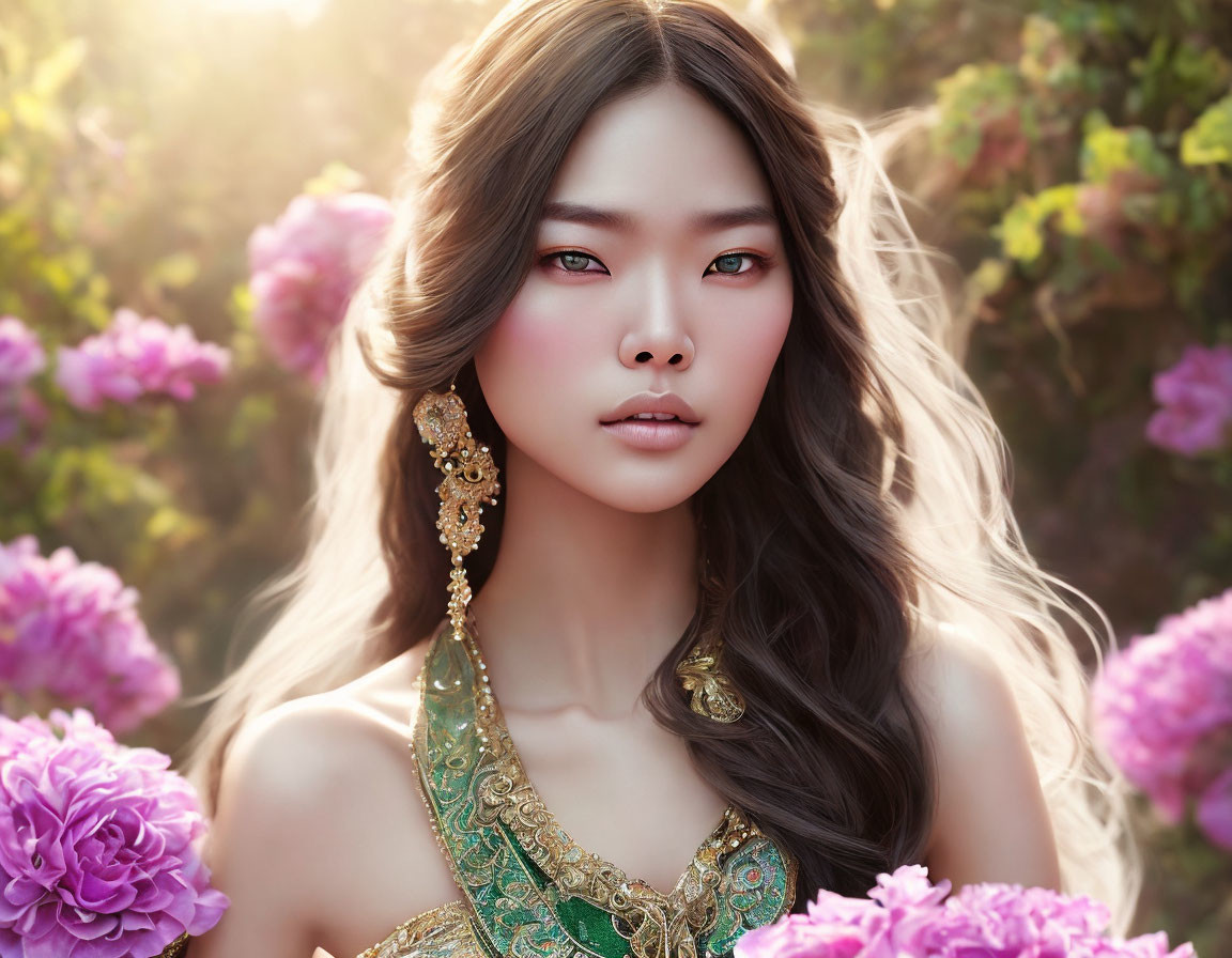 Woman with flowing hair in green garment among pink flowers and gold earrings