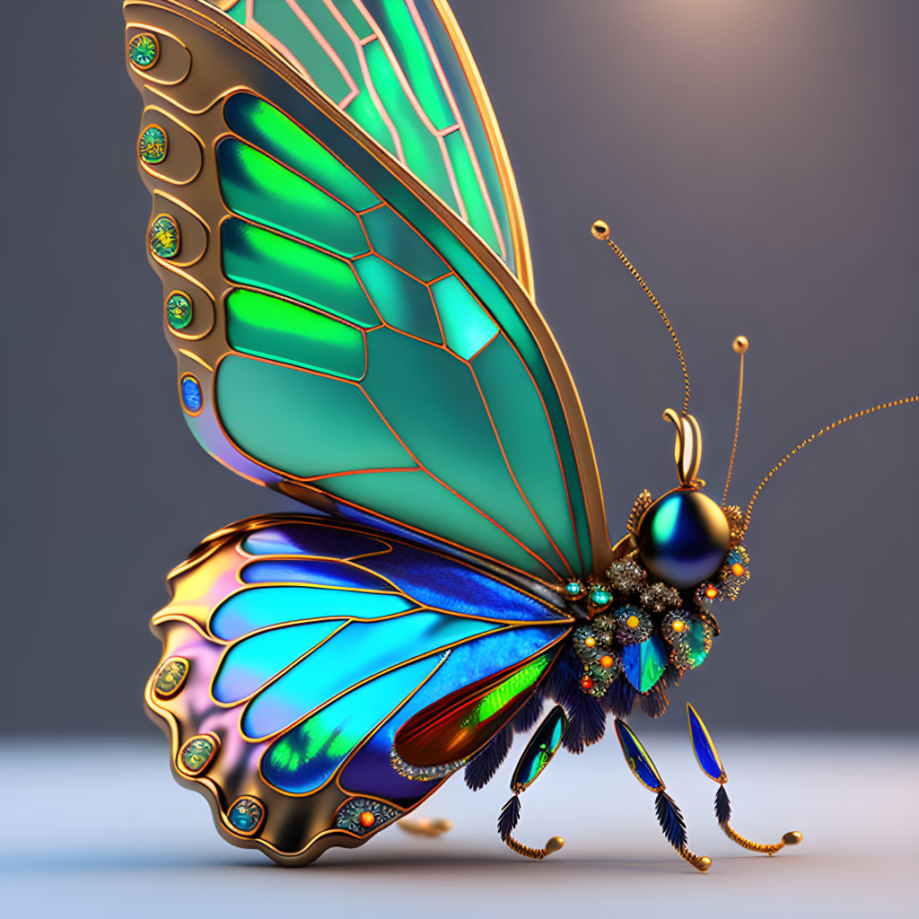 Stylized butterfly with iridescent wings on grey backdrop