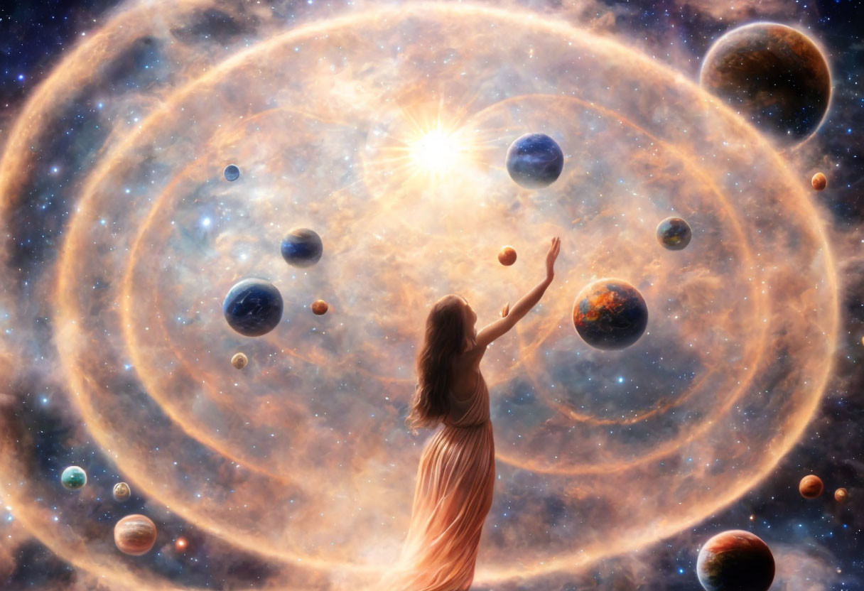 Woman Reaching Towards Vibrant Cosmic Scene