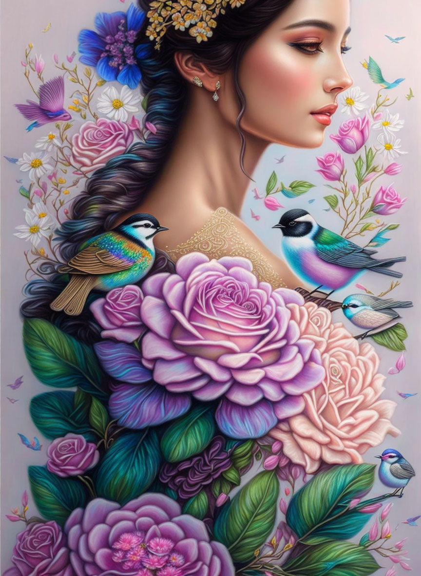 Woman with floral hair, roses, and blue birds in nature blend.