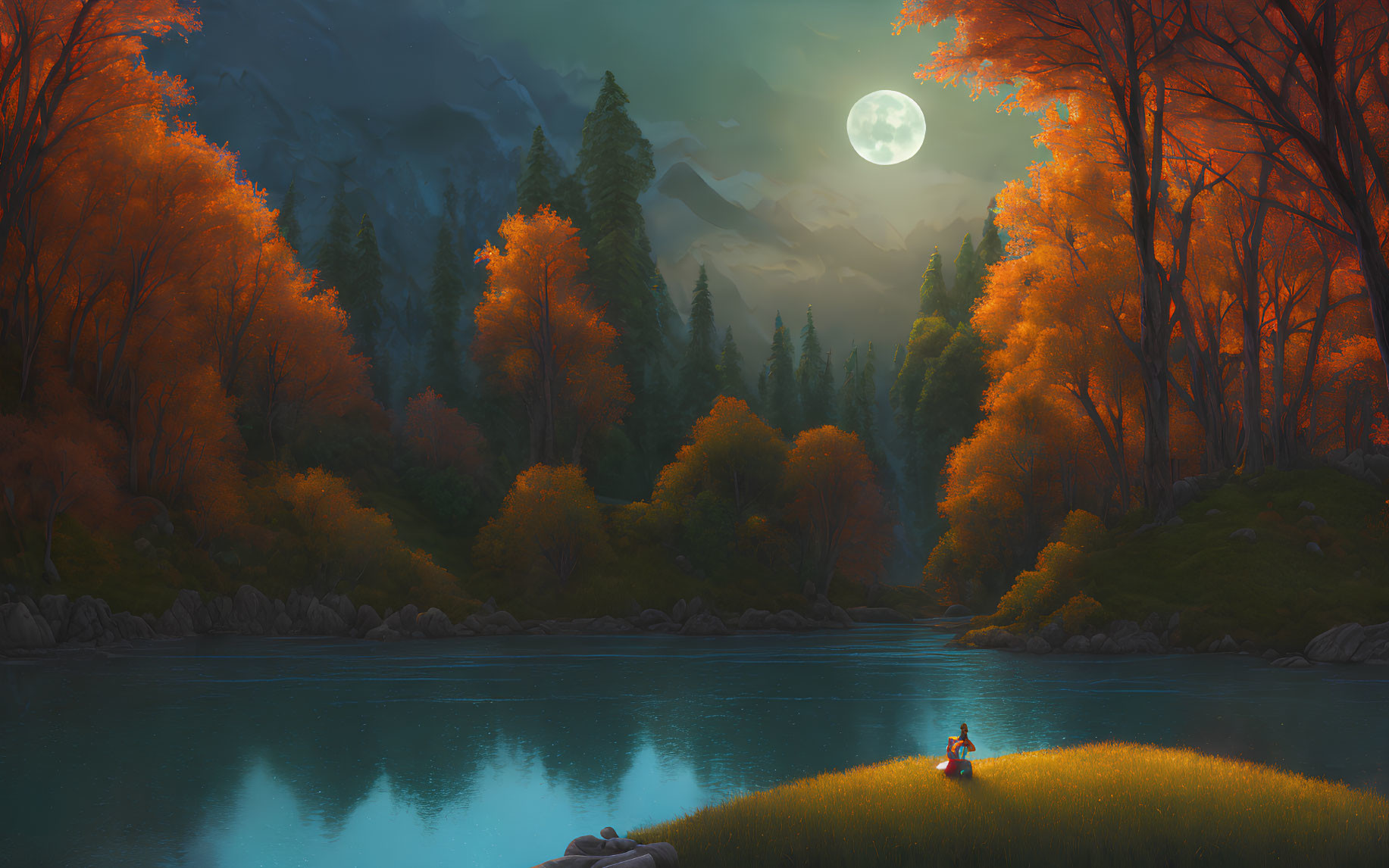Full Moon Over Autumnal Forest by Tranquil River at Night