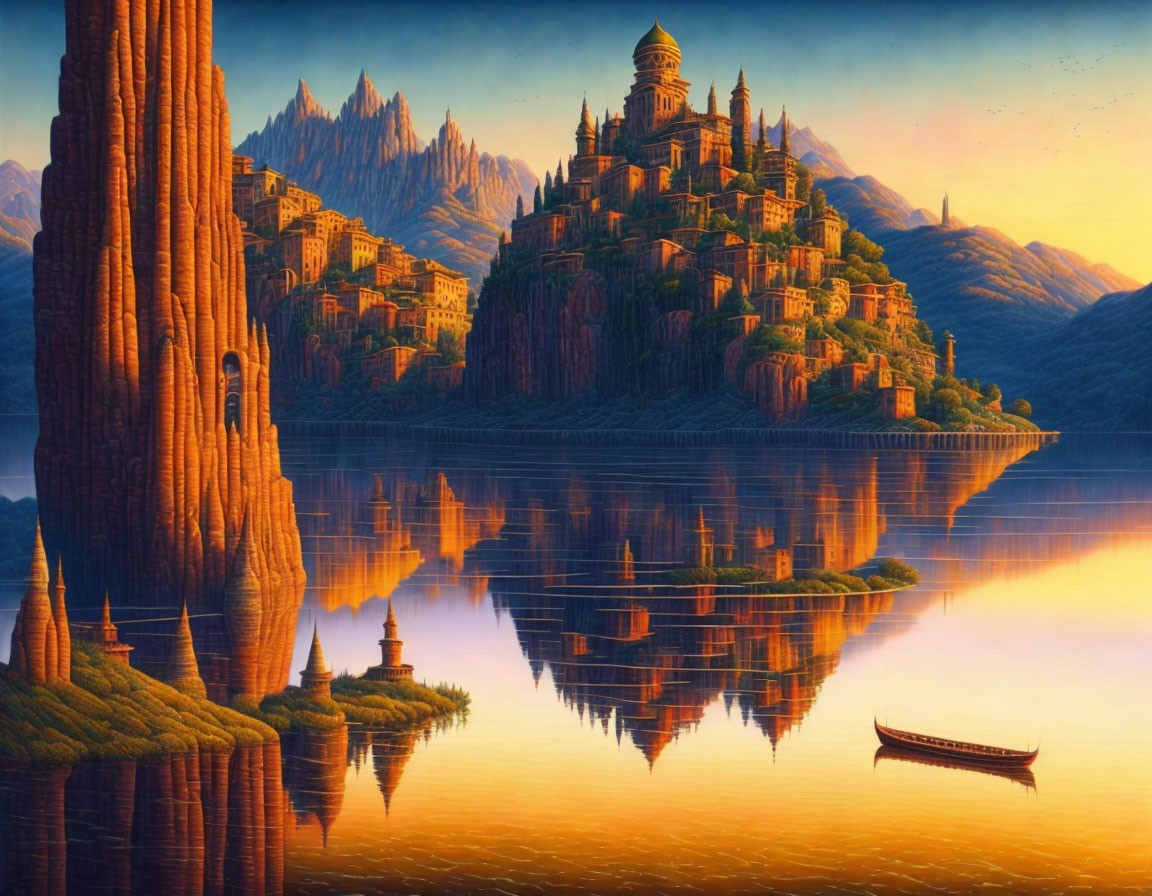 Tranquil sunset lake scene with boat and castle