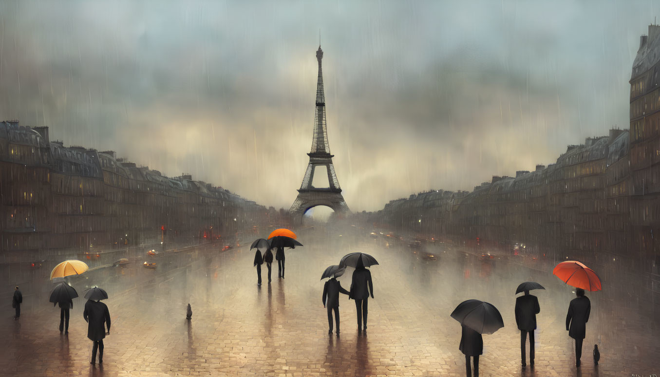 Paris Rainy Street Scene with Umbrellas & Eiffel Tower in Background