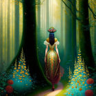 Woman in vintage dress walks forest path with glowing flowers & butterflies