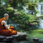 Monk meditating on rock by serene waterfall in lush greenery