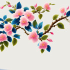 Colorful Floral Illustration with Pink Flowers and Blue Leaves on White Background