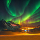 Northern Lights illuminate snowy mountains, glowing tent, starry sky, crescent moon.