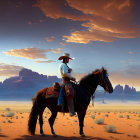 Cowboy on horseback gazes at vast plain with mountains and grazing horse under dramatic sky.