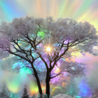 Flourishing cherry blossom tree in golden sunlight and misty meadow