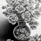 Detailed monochrome bouquet illustration with 3D effect on gradient background