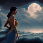 Woman in elegant gown by sea under large moon with distant ship on horizon