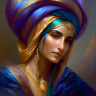 Colorful portrait of woman in blue and purple turban and gold jewelry.