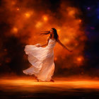 Person in Flowy White Dress Dancing Among Vibrant Starry Lights