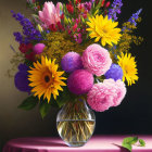 Colorful Flower Bouquet in Glass Vase on Table with Blue Drape