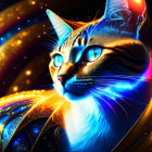Colorful Cosmic Cat Artwork with Neon Fur and Celestial Jewelry