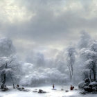 Snow-covered wintry landscape with dense trees and distant figures