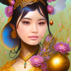 Young Woman in Traditional Attire with Golden Jewelry and Pink Flowers