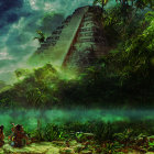 Nighttime jungle scene with river, ancient pyramids, and double moons