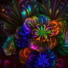Colorful Digital Art: Luminous Multicolored Flowers on Dark Background