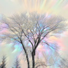 Snow-covered tree with starburst effect under colorful aurora-lit sky