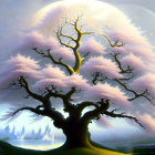 Fantastical landscape with pink tree, full moon, flying creatures, and reflective lake.