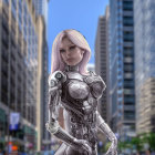 Futuristic young woman in high-tech suit in neon-lit cityscape