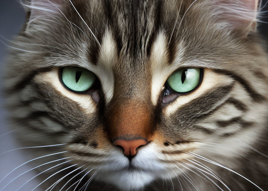 Fluffy tabby cat with green eyes and whiskers.