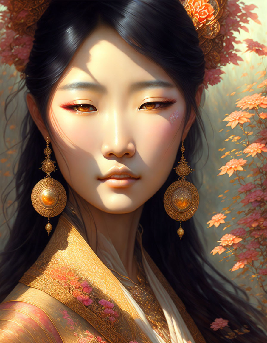 Elegant woman with golden earrings in traditional attire among blooming flowers
