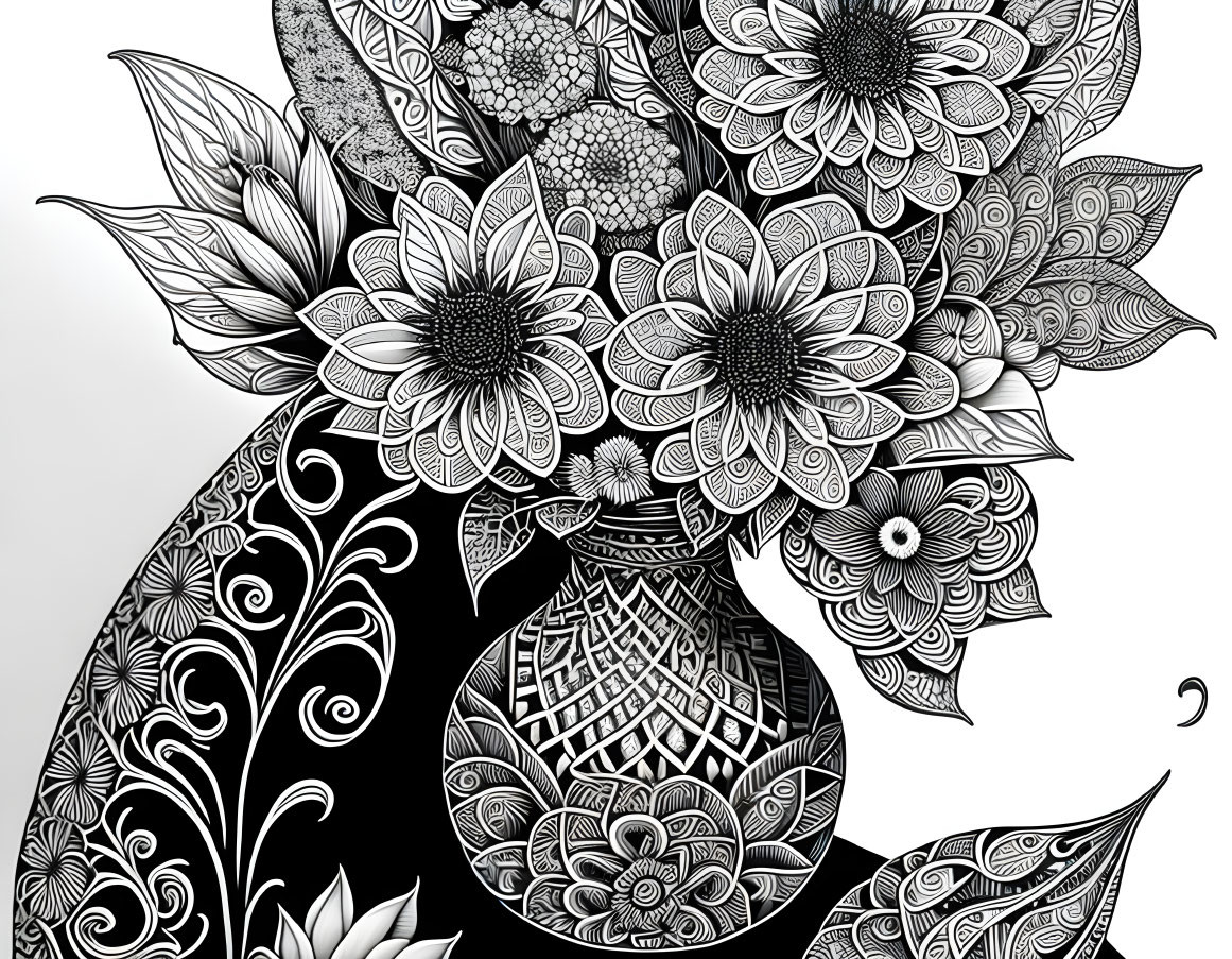 Detailed Monochrome Floral Patterns Emerging from Decorated Vase