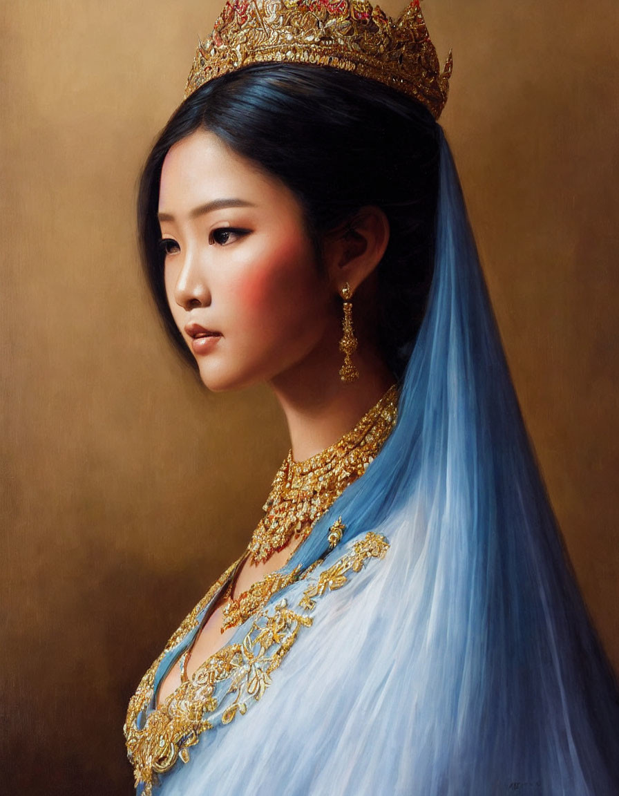 Portrait of woman with dark hair transitioning to blue, wearing gold jewelry and crown on neutral backdrop