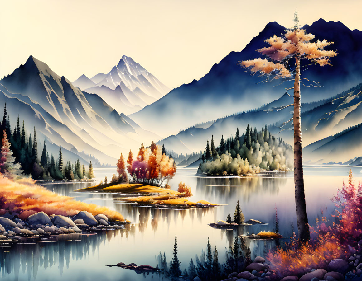 Colorful Autumn Trees Surrounding Reflective Lake with Snow-Capped Mountains