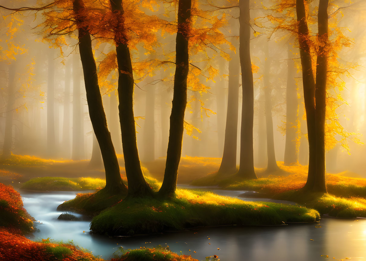 Autumn Forest Scene with Golden Foliage and Sunlight Filtering Through Trees