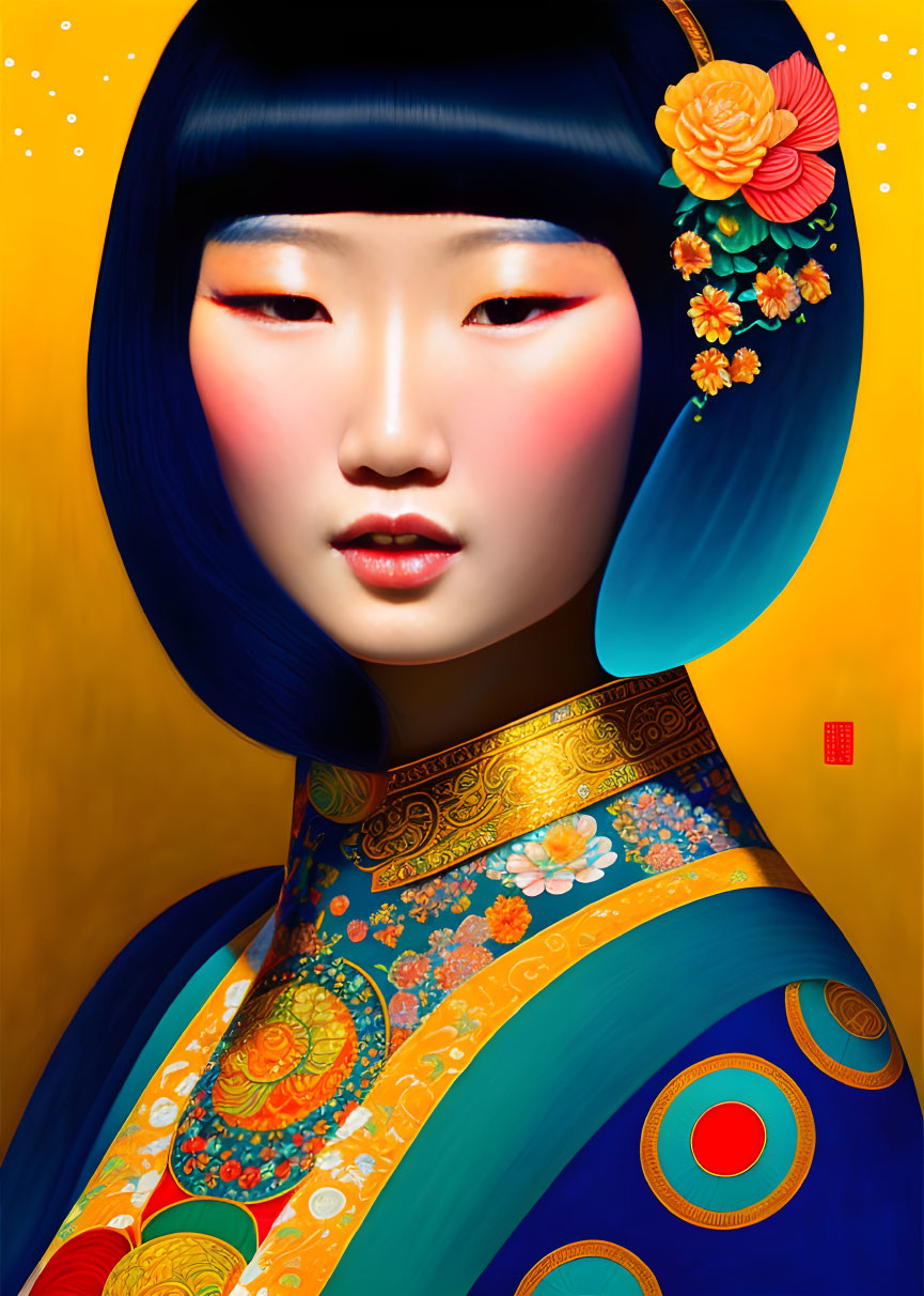 Colorful illustration: Woman with blue hair in Asian attire on yellow background