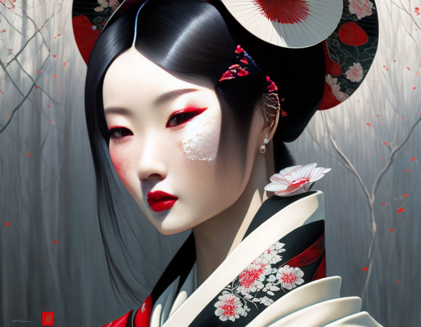 Woman in Traditional Japanese Attire with Stylized Makeup amid Blossoms and Bamboo
