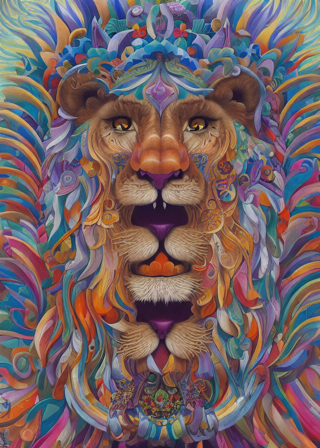 Colorful Lion Illustration with Intricate Patterns and Psychedelic Swirls