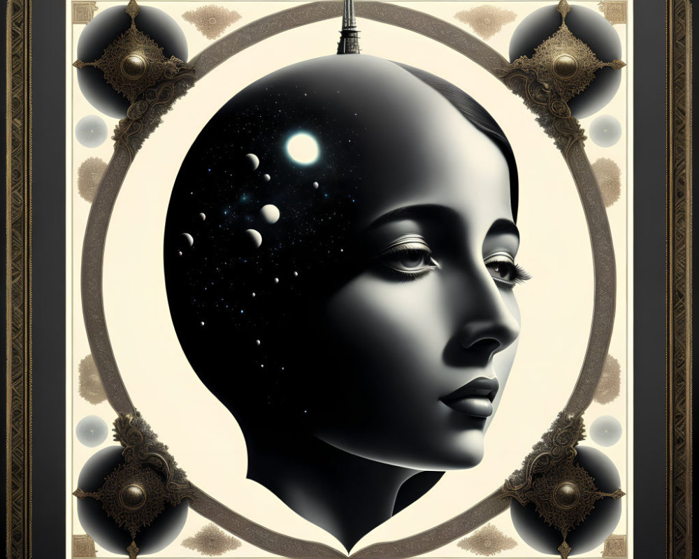 Woman's profile in cosmic-themed headspace on geometric background
